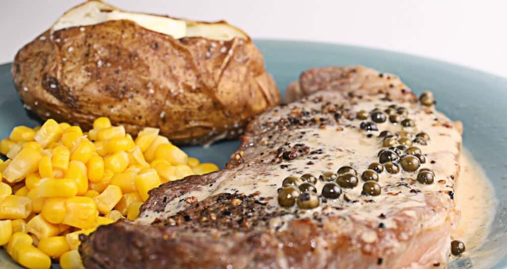 strip steaks with pepper cream saucy by way of Alton Brown