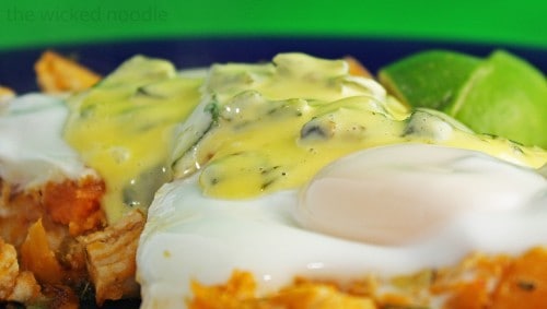 sweet potato chicken hash and poached eggs with green chile hollandaise