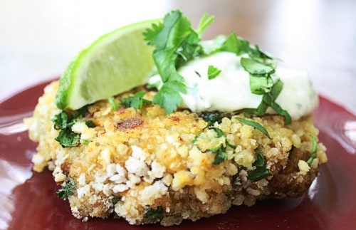 Chipotle Stuffing Cakes with Lime-Cilantro Sour Cream