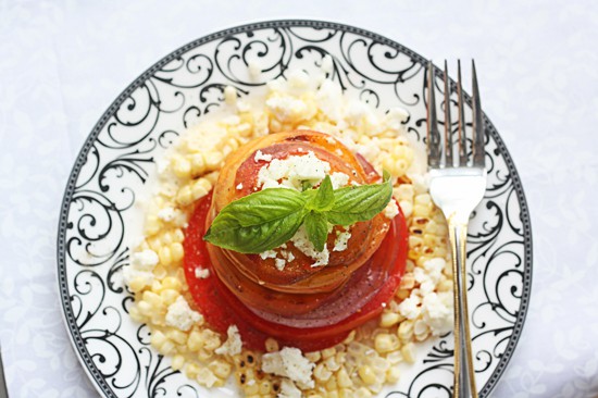 peach, corn and feta salad
