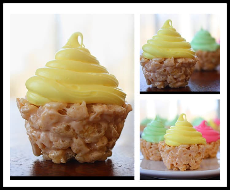 rice krispies cupcakes collage on a brown table next to a window