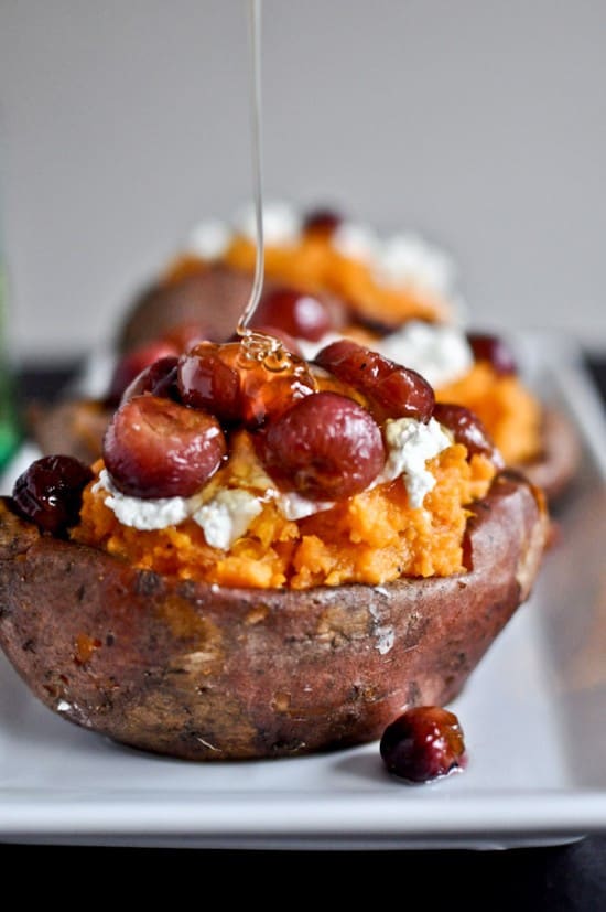 Sweet Potatoes with Goat Cheese, Honey & Roasted Grapes