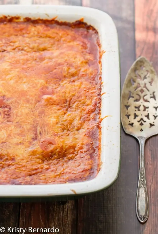 This Chili Relleno Casserole has a layer of beef, onion & cumin with roasted peppers and a layer of gooey cheese.