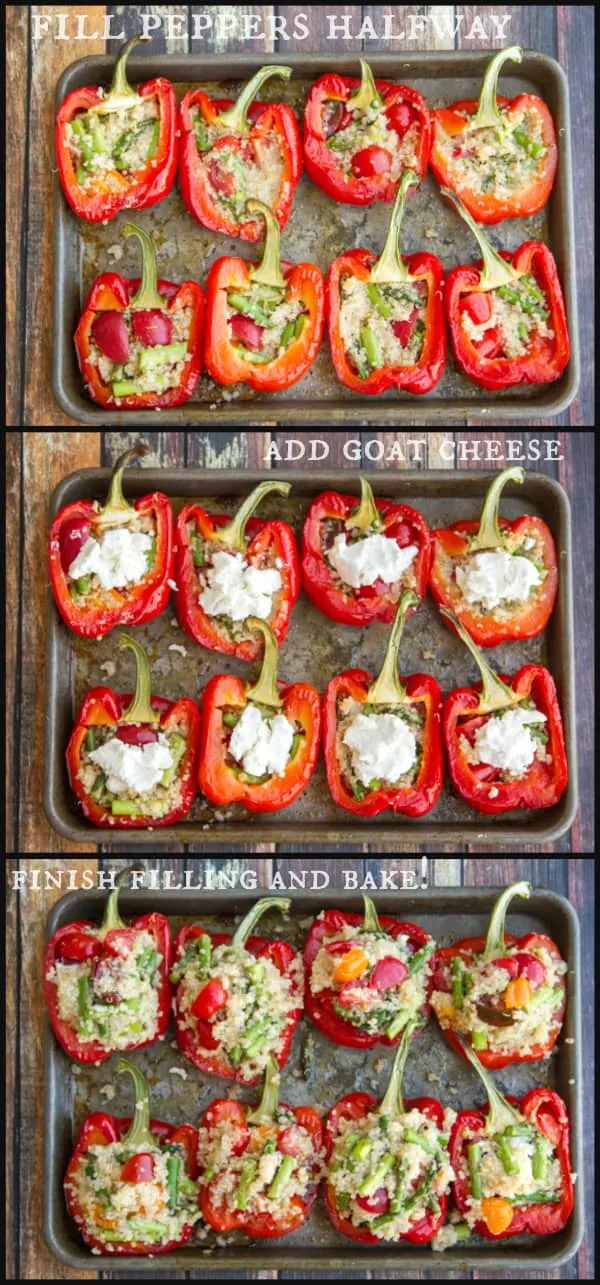 lemon quinoa stuffed peppers with asparagus, cherry tomatoes & a hidden goat cheese surprise! Good for you and really delicious!  