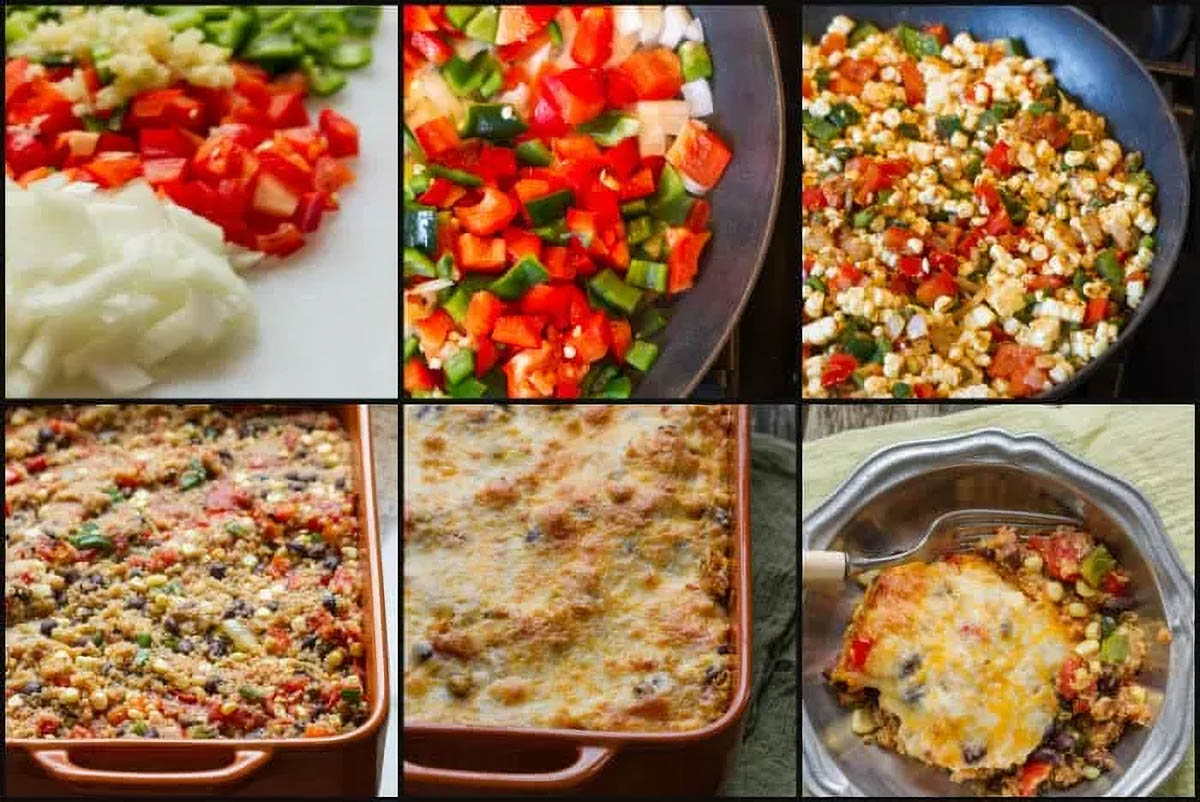Healthy Mexican Quinoa Casserole a collage of images showing how to make a Mexican quinoa casserole step by step