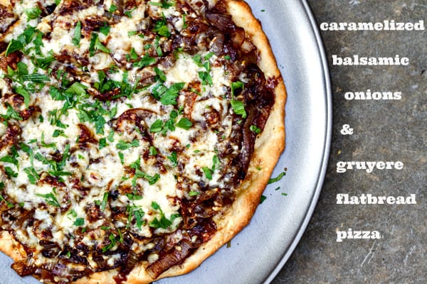 Make your caramelized onions up to a week before, buy your favorite store-bought flatbread and some gruyere cheese...dinner is done in 10 minutes. AND it's delicious! | www.thewickednoodle.com | #flatbread #pizza #dinner