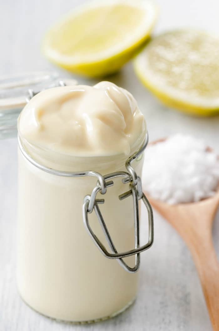 Close up of a jar of fresh homemade mayo as a condiment dressing for salads and sandwiches