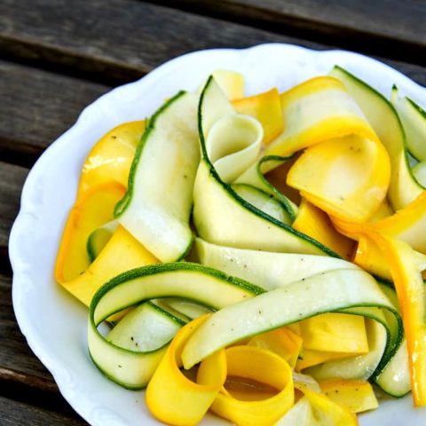 zucchini ribbons take just minutes to make and you can toss with just about any dressing for a quick salad or side dish - plus they're so pretty!
