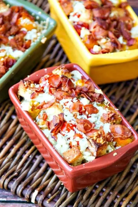 Crispy bread, soft summer tomatoes with parmesan, bacon & blue cheese combine to make this au gratin recipe the only au gratin you will ever want!
