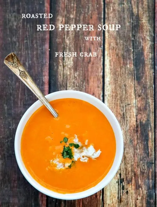 This Roasted Red Pepper Soup with Crab is an elegant soup with fantastic flavor! A Vitamix soup but could also be made on the stove with a hand blender.