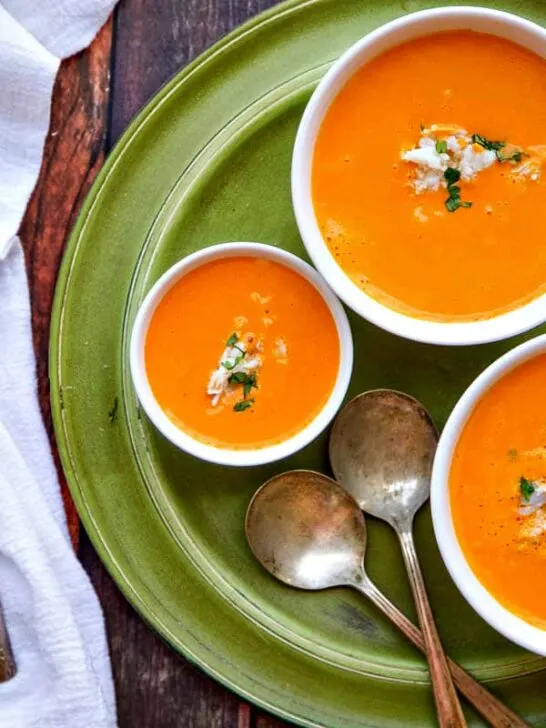 This Roasted Red Pepper Soup with Crab is an elegant soup with fantastic flavor! A Vitamix soup but could also be made on the stove with a hand blender.