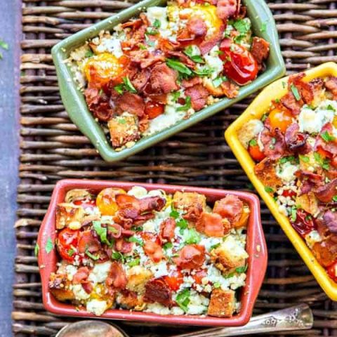 Crispy bread, soft summer tomatoes with parmesan, bacon & blue cheese combine to make this au gratin recipe the only au gratin you will ever want!