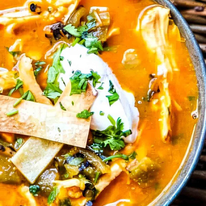 a closeup of a bowl of chicken tortilla soup with hatch chiles that's topped with crispy tortilla strips, sour cream, and chopped fresh cilantro