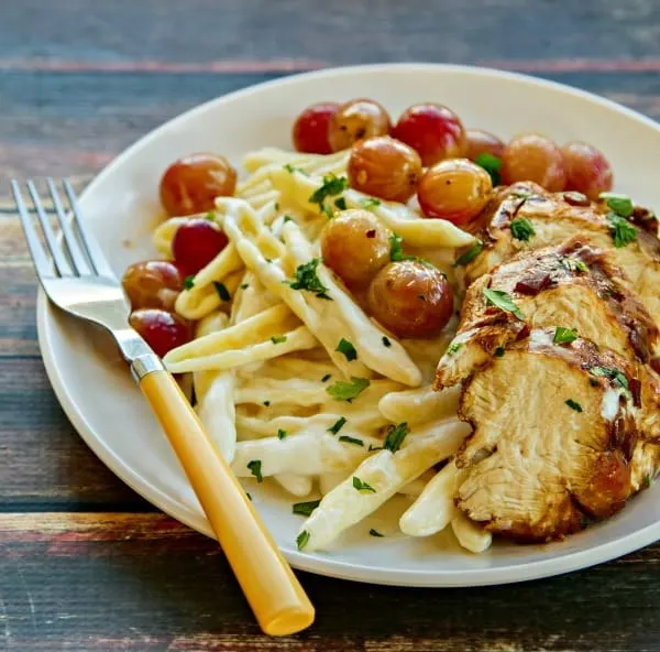 Goat Cheese Pasta with Balsamic Chicken & Roasted Grapes