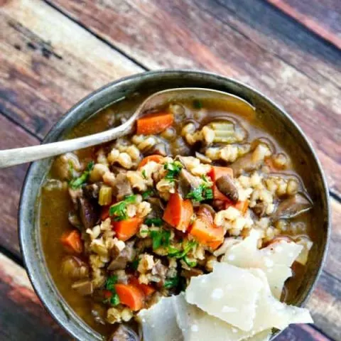 This easy Mushroom Barley Soup with Shaved Parmesan is not only healthy but tastes AMAZING! So hearty and filling, too!