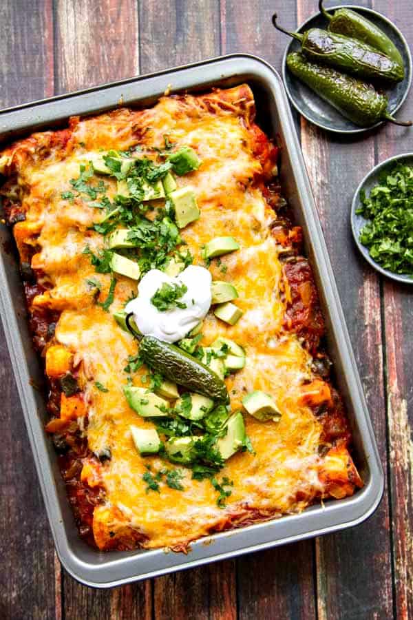 An easy recipe for turkey or chicken enchiladas with roasted jalapenos. Makes a great use of leftover Thanksgiving turkey!