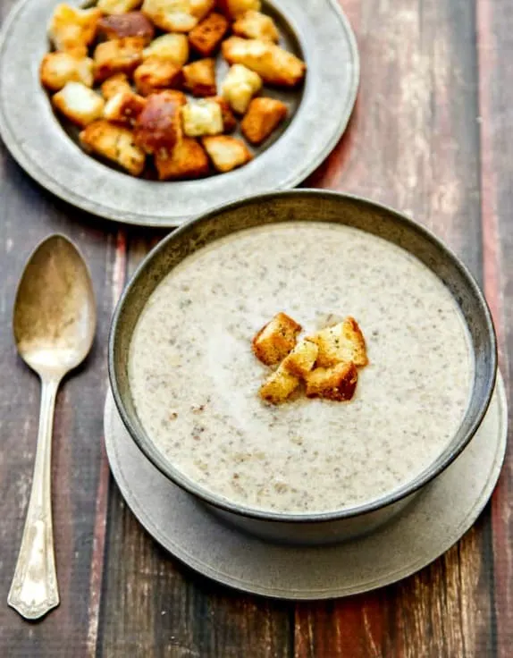 Wild Mushroom Brie Soup with Parmesan Pepper Croutons