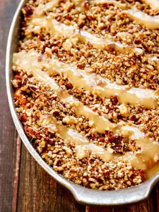 Sweet Potato Casserole with Marshmallow Drizzle and a Buttered Pecan Topping
