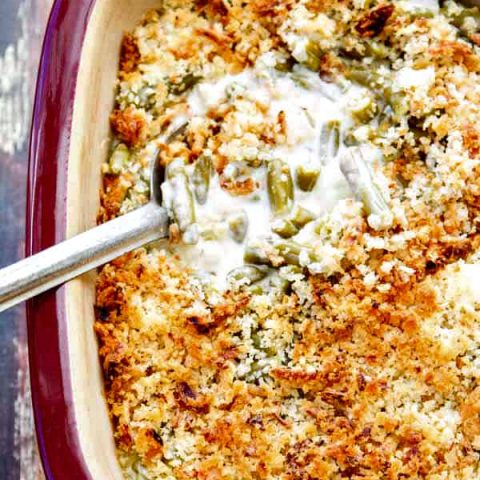 The Easy Green Bean Casserole with Blue Cheese is creamy and full of flavor with a crunchy topping made with panko breadcrumbs and french fried onions. So easy and good!!