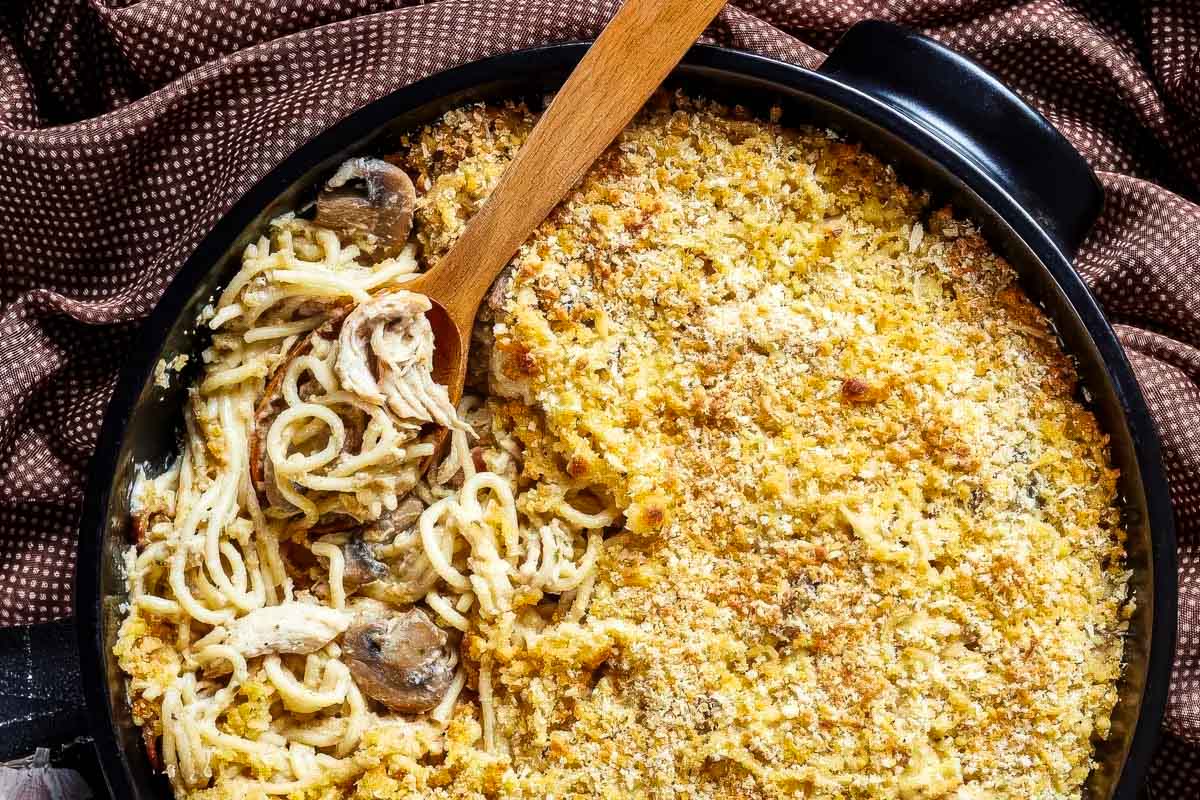 The BEST Turkey Tetrazzini (with Parmesan-Panko Topping) turkey tetrazzini without peas just out of the oven in a black baking dish and a wooden serving spoon scooping out the first serving