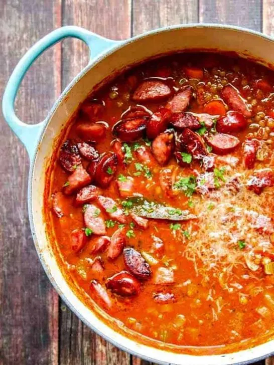 A delicious Lentil Soup Recipe with Parmesan and Smoked Sausage