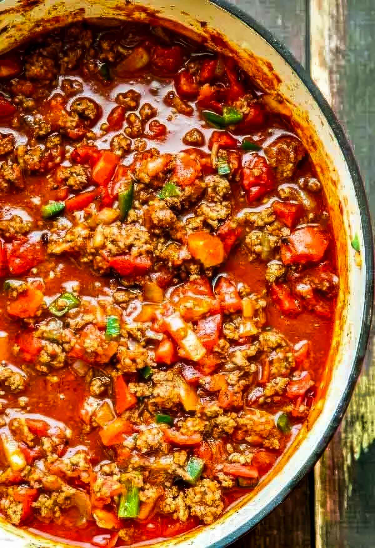 Thick and Beefy Beanless Chili Recipe a big pot of hearty beanless chili ready for serving