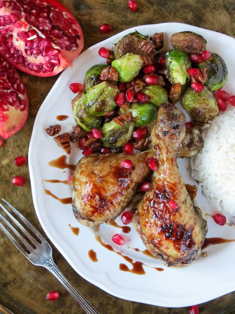 Pomegranate Glazed Chicken Drumsticks and Brussels Sprouts plus more easy Chicken Drumstick Recipes!