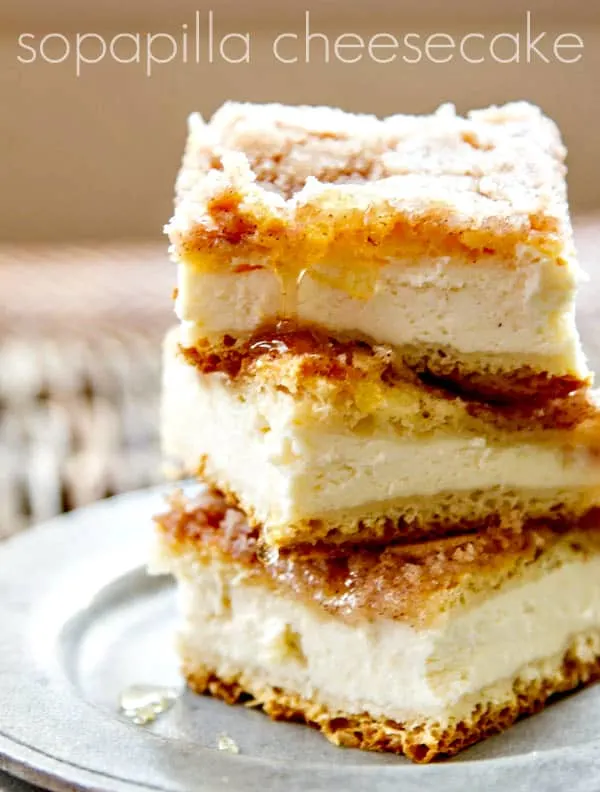 a stack of sopapilla cheesecake bars from a list of authentic mexican desserts