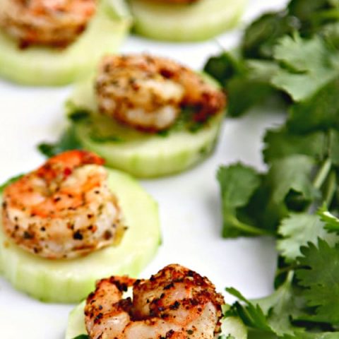 Blackened Shrimp with Crispy Chilled Cucumbers - these spicy shrimp have the heat of blackening seasoning, offset by the cool crispy crunch of the cucumbers. A fantastic appetizer that's both easy and elegant! {From Ally's Kitchen cookbook}