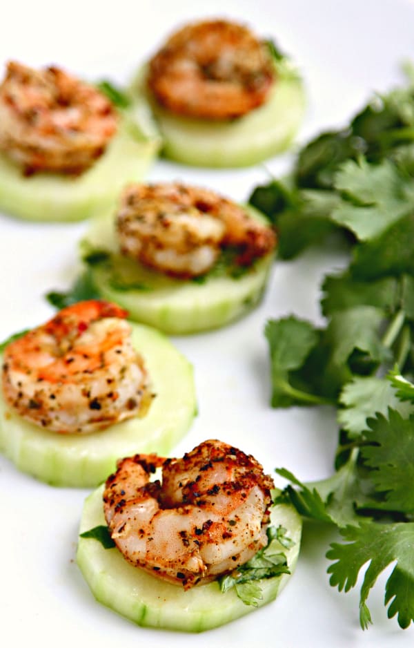 Blackened Shrimp with Crispy Chilled Cucumbers  - these spicy shrimp have the heat of blackening seasoning, offset by the cool crispy crunch of the cucumbers. A fantastic appetizer that's both easy and elegant! {From Ally's Kitchen cookbook}