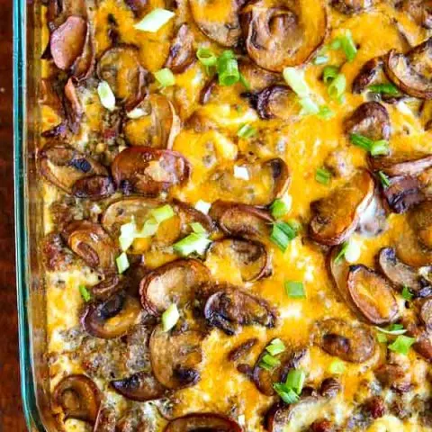 Hash Brown Casserole with Eggs, Sausage and Mushrooms - super easy, delicious and feeds a crowd!