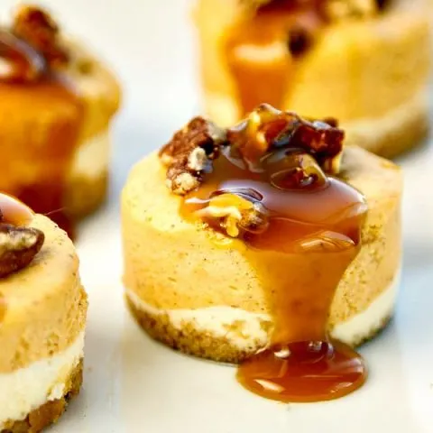 Mini Pumpkin Cheesecakes with Bourbon Pecan Caramel Sauce - so simple yet so pretty and delicious! Great for serving a crowd!