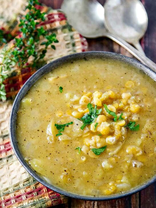 This Golden Split Pea Soup has just 8 ingredients (including water!) and is super healthy and delicious!
