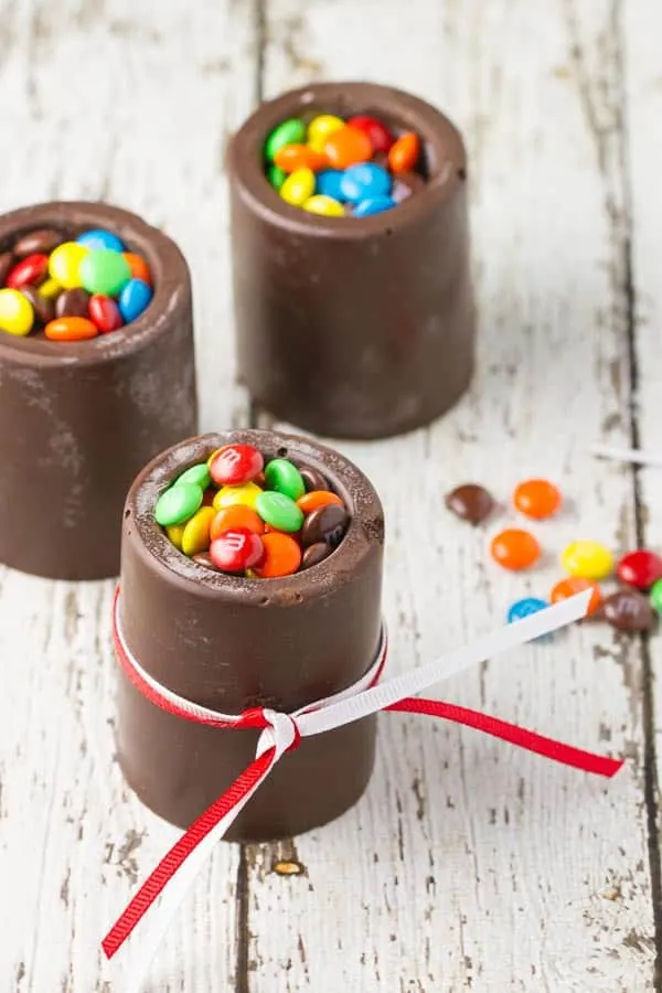 Chocolate Cups with your choice of strawberry mousse, cherry mousse or raspberry mousse! Or add m&m's for a fun Valentine's Day surprise! They are SO EASY and will really impress!