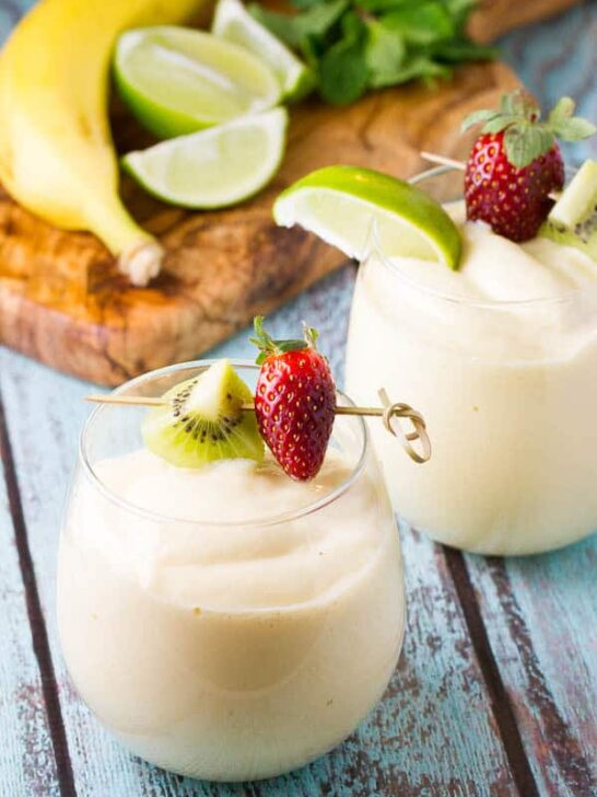 A Tropical Smoothie recipe with mango, banana and pineapple PLUS a surprising ingredient that adds protein and will make your smoothies SUPER creamy!