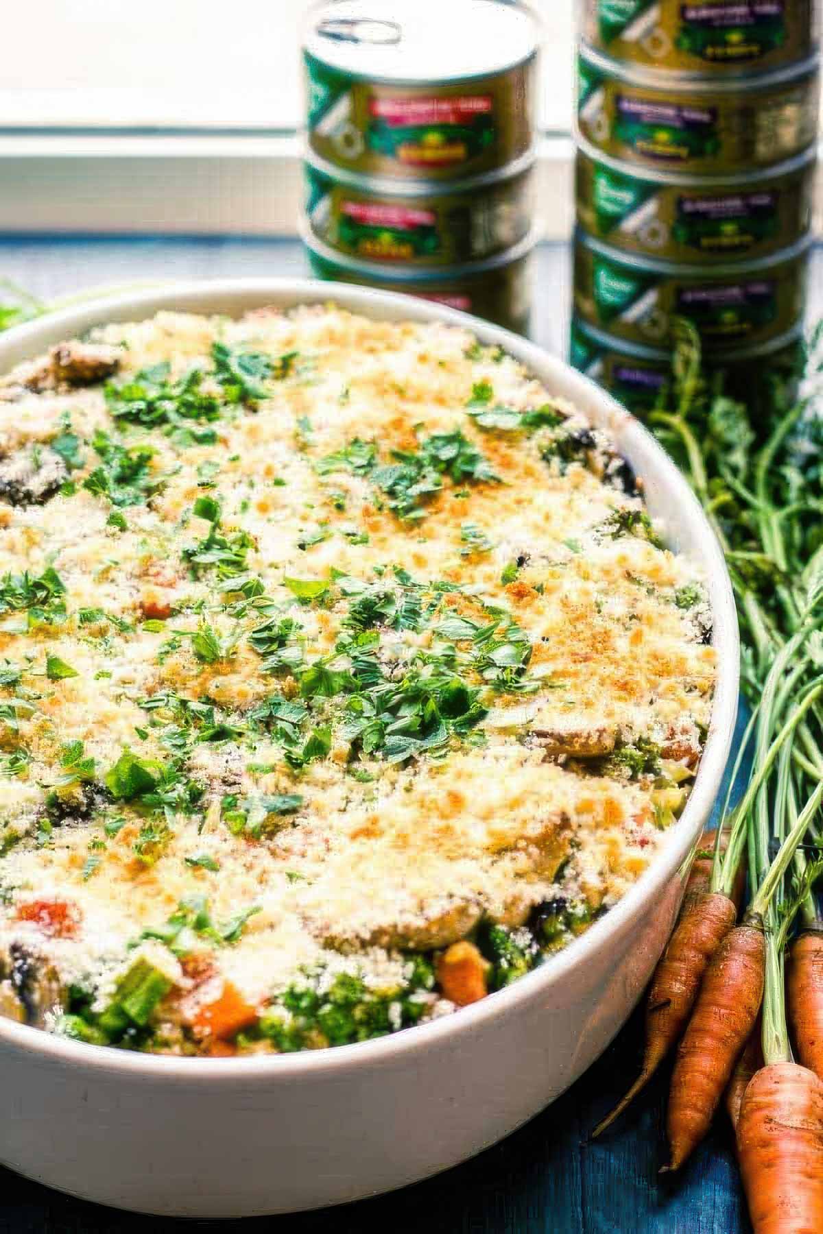 Healthy Tuna Noodle Casserole a healthy tuna noodle casserole in a white, oval baking dish