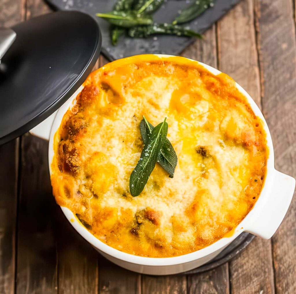 Creamy baked pumpkin gnocchi with a cheesy top layer and fried sage, fresh from the oven on a rustic wood table.