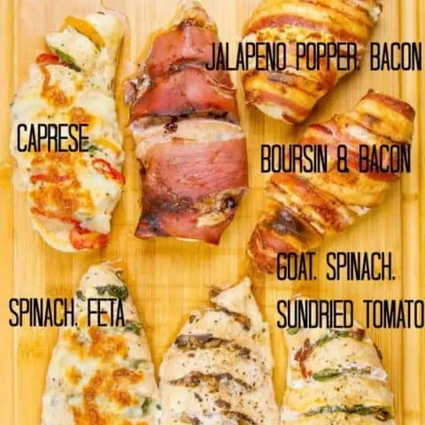 Are you looking for easy, healthy ways to make stuffed chicken breasts? I'll not only show you the simplest method, but give you seven different dinners to do it with! Spinach and mozzarella, bacon wrapped, mushroom, cream cheese and jalapeño ...make dinner easy tonight and try one or all! #chicken #dinner #recipes #hasselback #cheesy