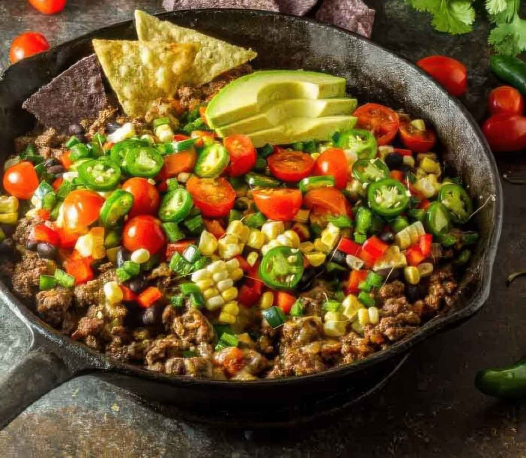 Top-down image of loaded healthy nachos with fresh jalapeños, corn, cherry tomatoes, red bell peppers, and black beans in a skillet, garnished with avocado and tortilla chips.