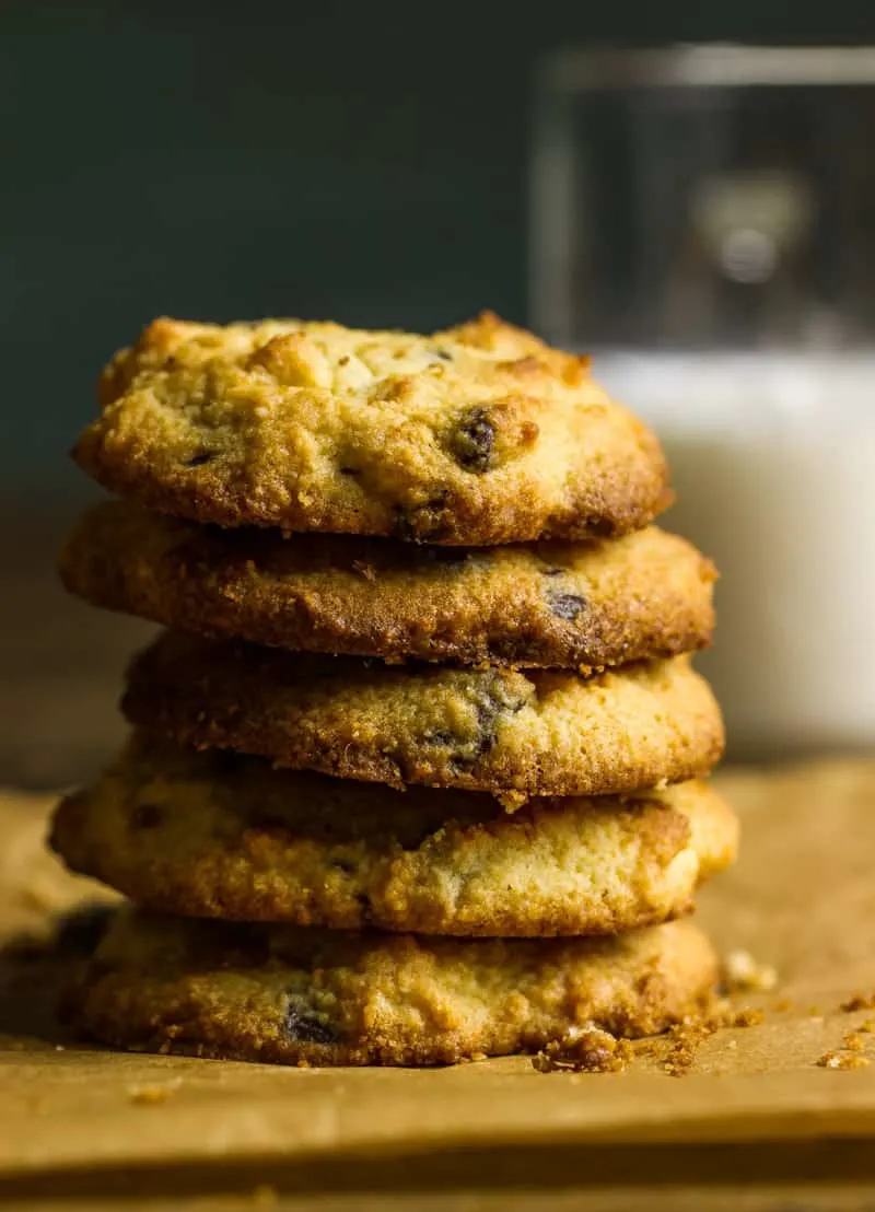A stack of keto chocolate chip cookies next to a glass of milk