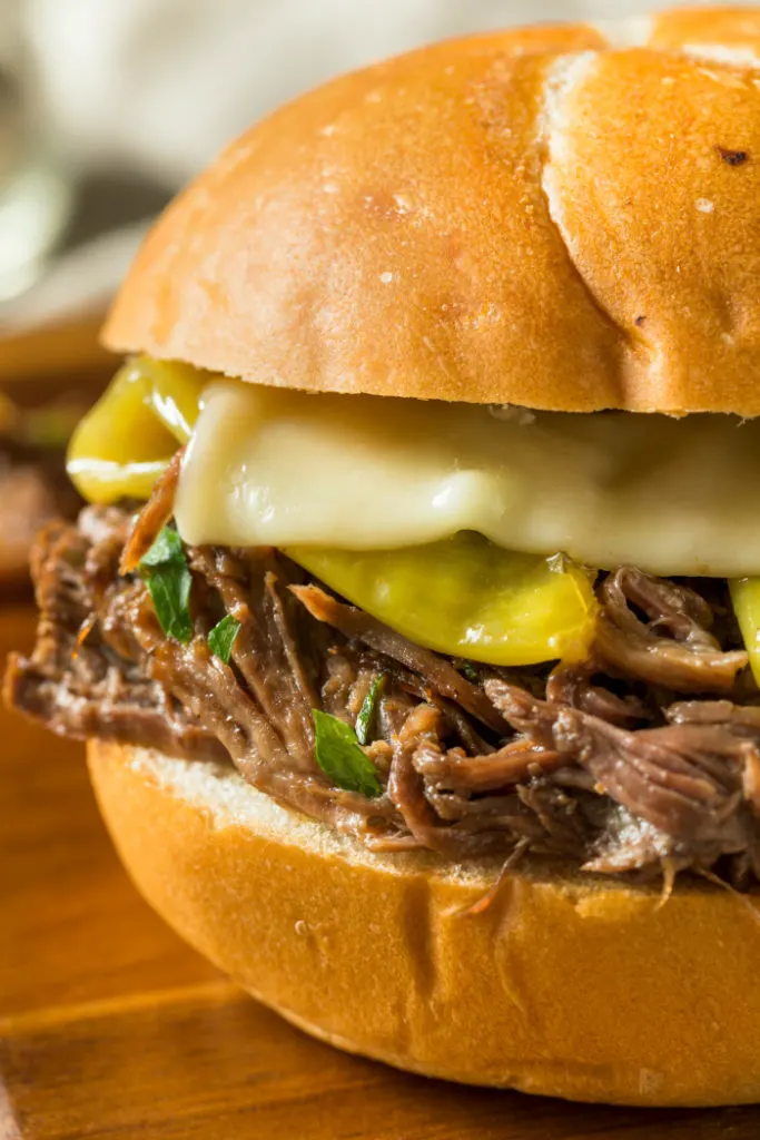 An Instant Pot Mississippi Pot Roast Sandwich with Cheese