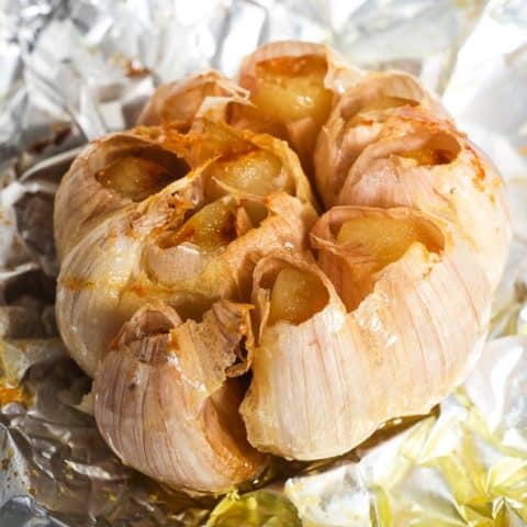 Instant Pot roasted garlic on a sheet of tinfoil