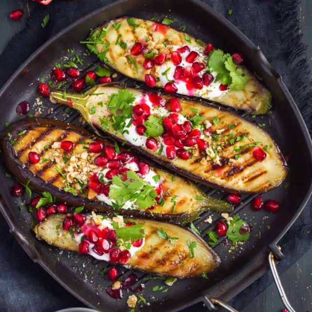 Grilled Eggplant With Garlic Yogurt Sauce, Walnuts & Pomegranate