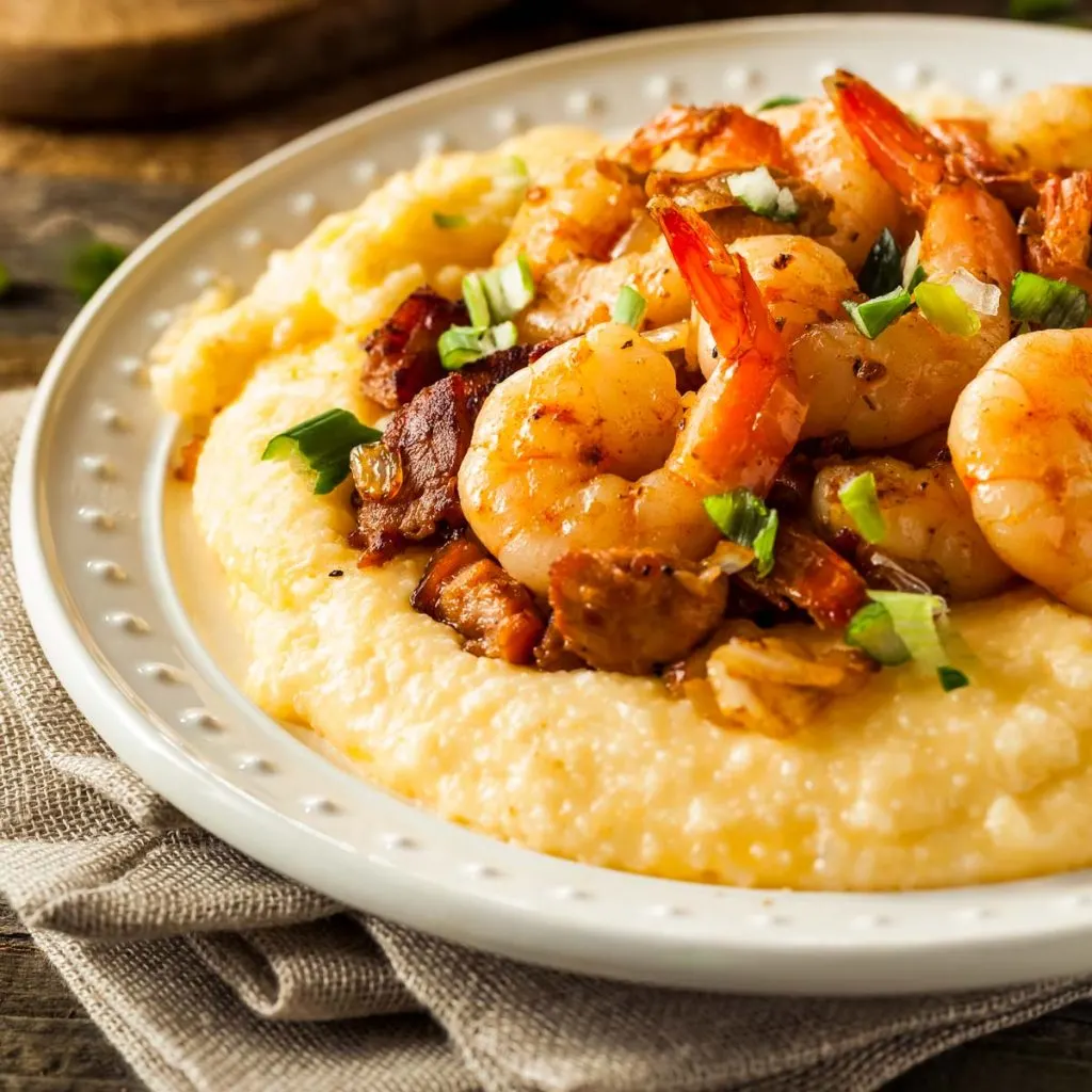 An side view of a bowl of Cajun Shrimp and Grits in a white bowl on a brown cloth napkin
