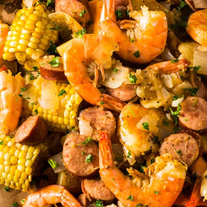 Shrimp and Sausage Boil (One-Pot, 30 minutes) a closeup shot of a fully cooked shrimp and sausage boil with corn and potatoes