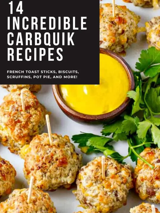A Photo Of Sausage Balls Promoting A List Of Carbquik Recipes