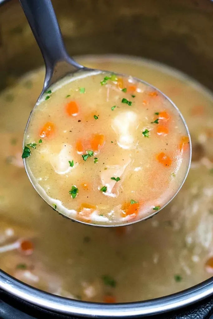 a ladle full of instant pot chicken and dumplings