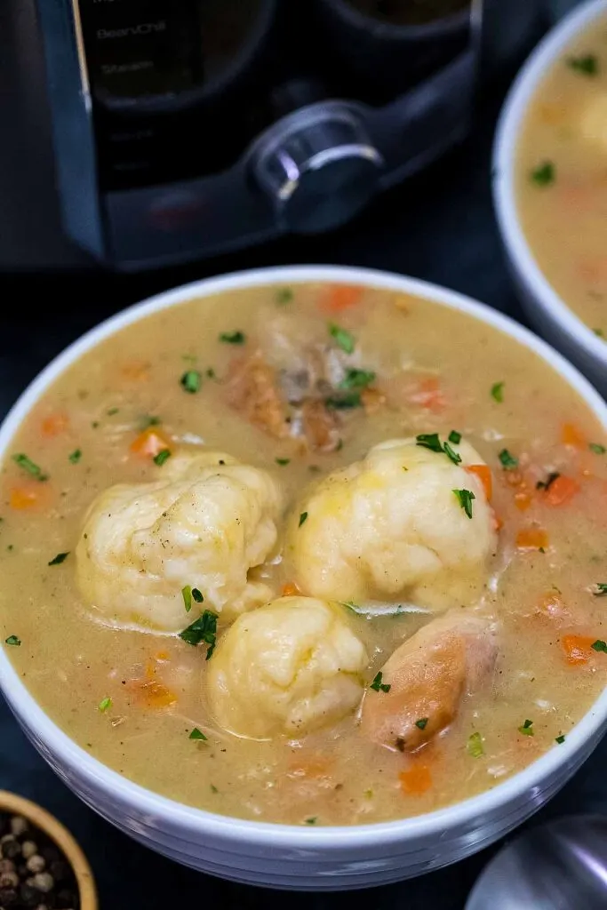 a dish of instant pot chicken and dumplings