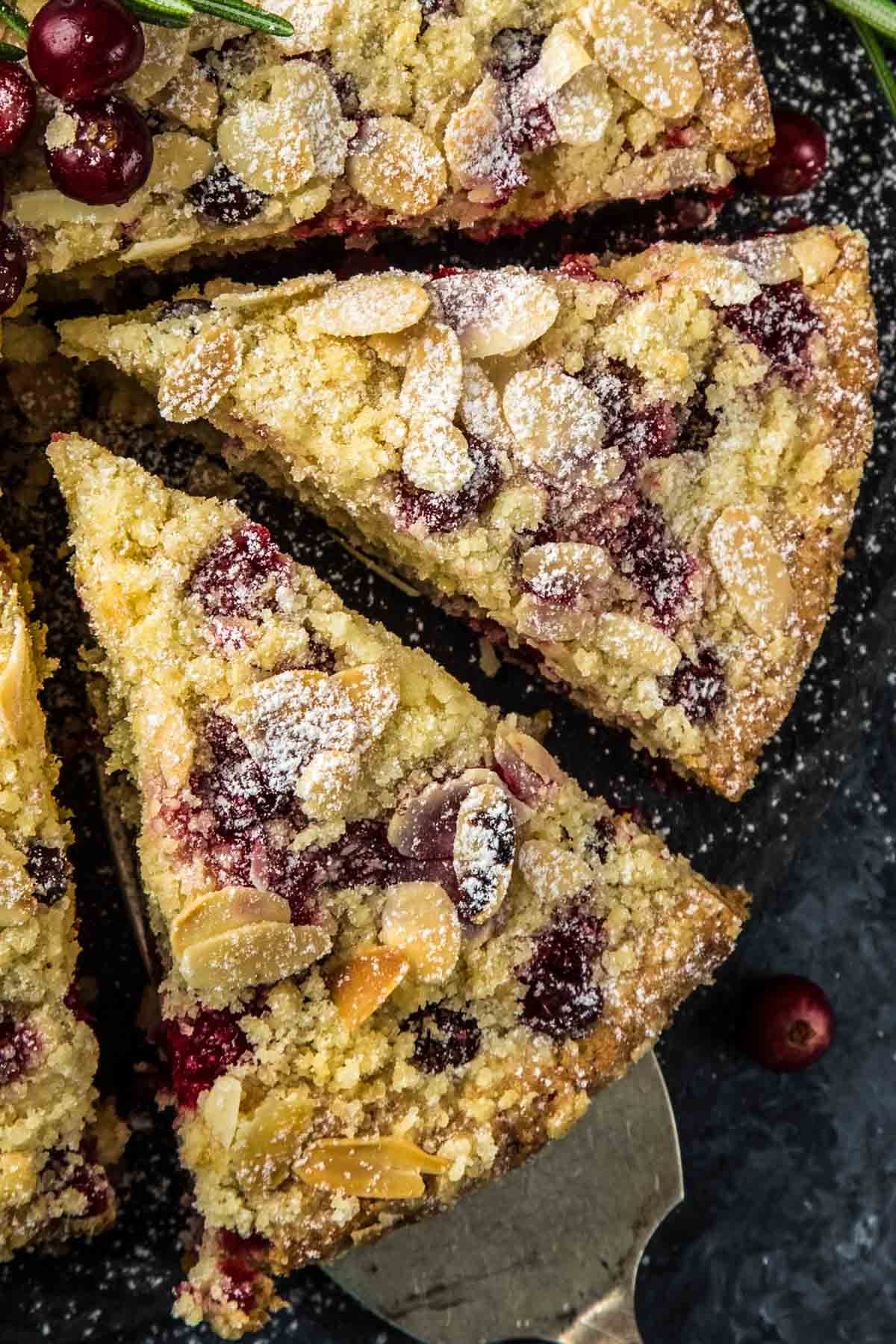 a closeup, top-down view of two slices of cranberry christmas cake with almond streusel topping
