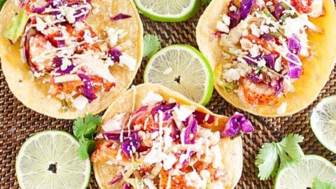 Lobster Tacos with Chili Lime Slaw and Avocado Cream Drizzle